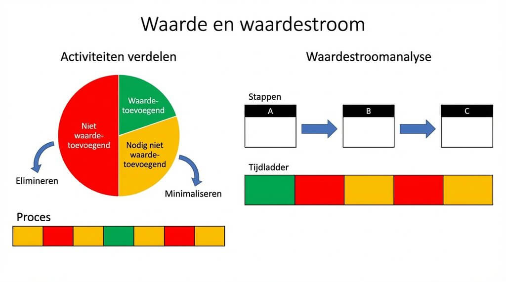 Visualisatie van Value Stream Mapping met verdeling van waarde-toevoegende en niet-waarde-toevoegende activiteiten in een proces