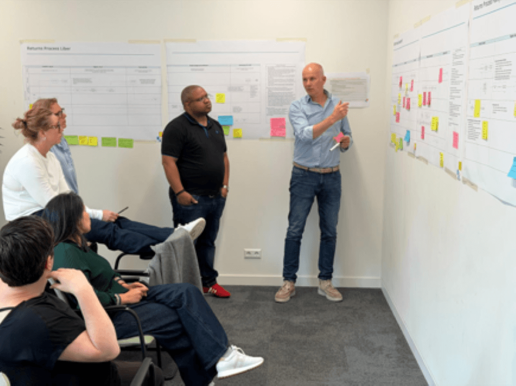 Deelnemers van Infinitas Learning bespreken processen uit Nederland, België en Zweden aan de wand tijdens een bootcamp met UPD